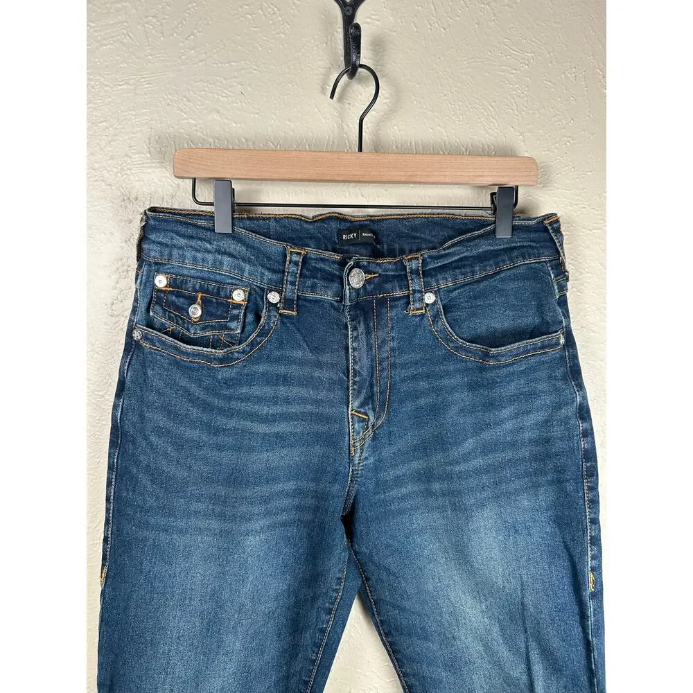 True Religion Jeans Mens Size 33 Ricky Straight Leg Denim Contrast Stitching Y2K